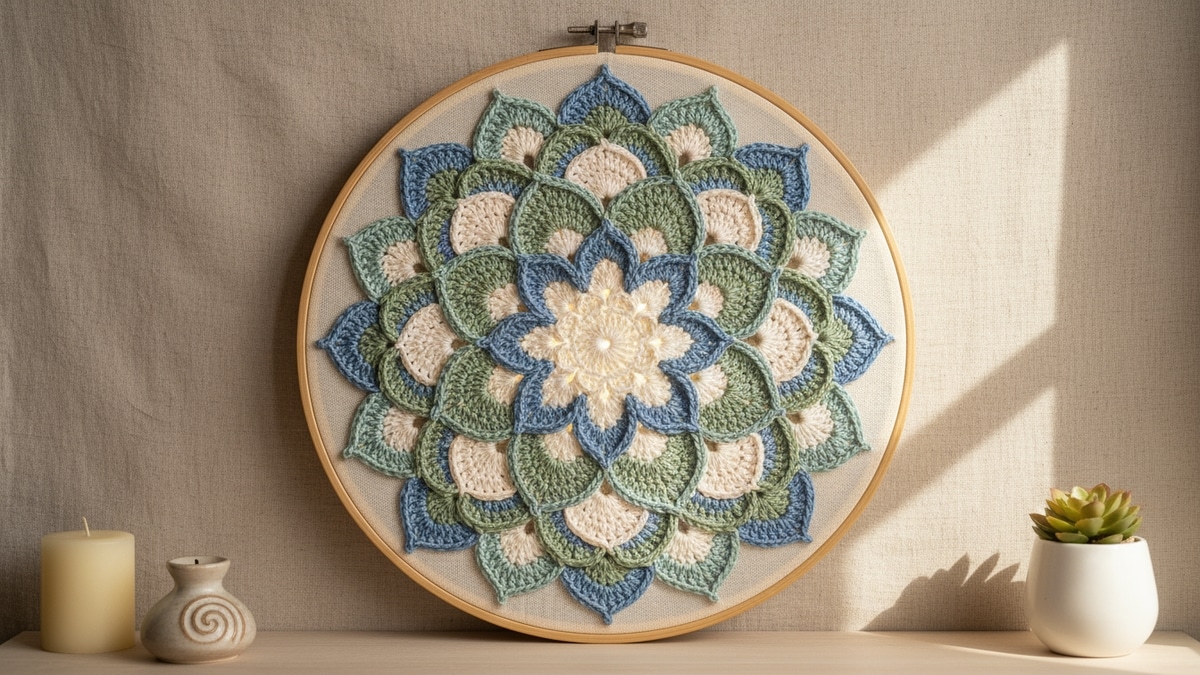 Mandala de crochê artesanal em tons de azul, verde e creme inspirada em flor de lótus montada em aro de bambu em ambiente sereno