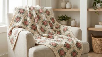 Manta de crochê artesanal em algodão com padrão floral, textura macia e pontos bem definidos, disposta sobre sofá em ambiente de sala harmoniosa com luz natural difusa, transmitindo conforto e aconchego.