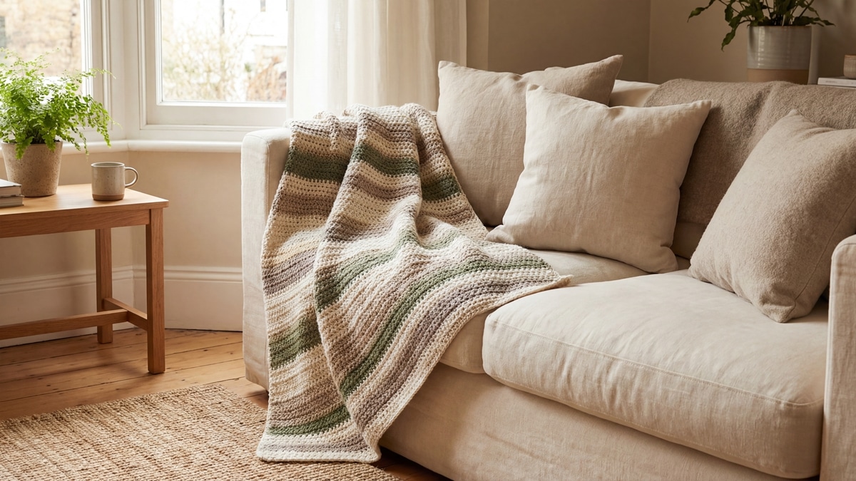 Manta de crochê artesanal cru com listras terrosas disposta em sofá claro com almofadas neutras, ambiente aconchegante com luz natural pela janela.
