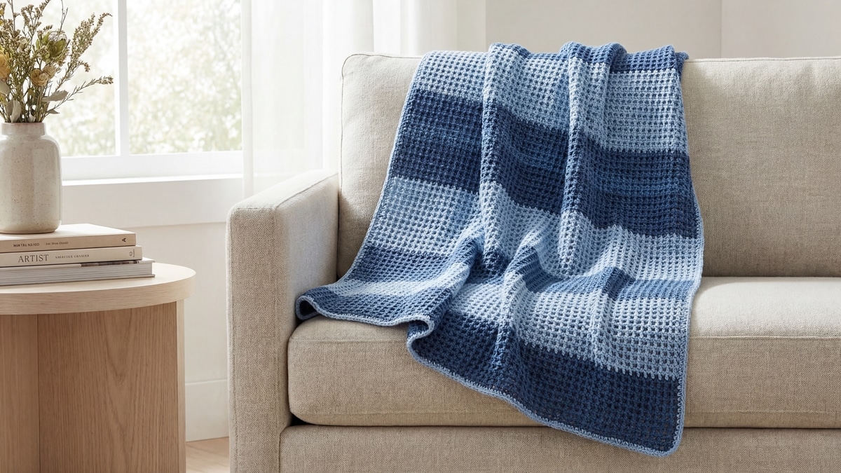 Manta de crochê azul listrada sobre sofá neutro, sala contemporânea com madeira clara e cerâmica minimalista