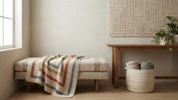 Peças de crochê moderno - manta, painel, capa de banco e cesto em algodão com cores coordenadas, ambiente com luz natural em composição elegante.