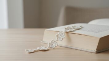Marca páginas de crochê floral branco entre páginas de livro aberto sobre madeira clara, com flores delicadas em ponto baixo e alto, luz natural e atmosfera poética.