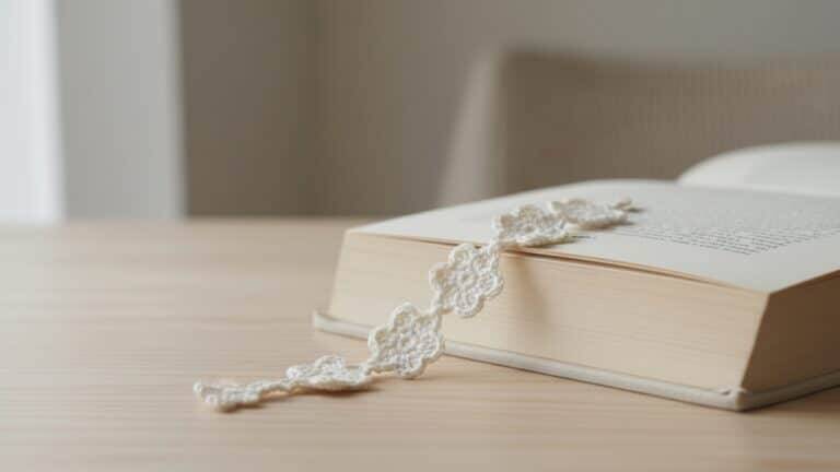 Marca páginas de crochê floral branco entre páginas de livro aberto sobre madeira clara, com flores delicadas em ponto baixo e alto, luz natural e atmosfera poética.