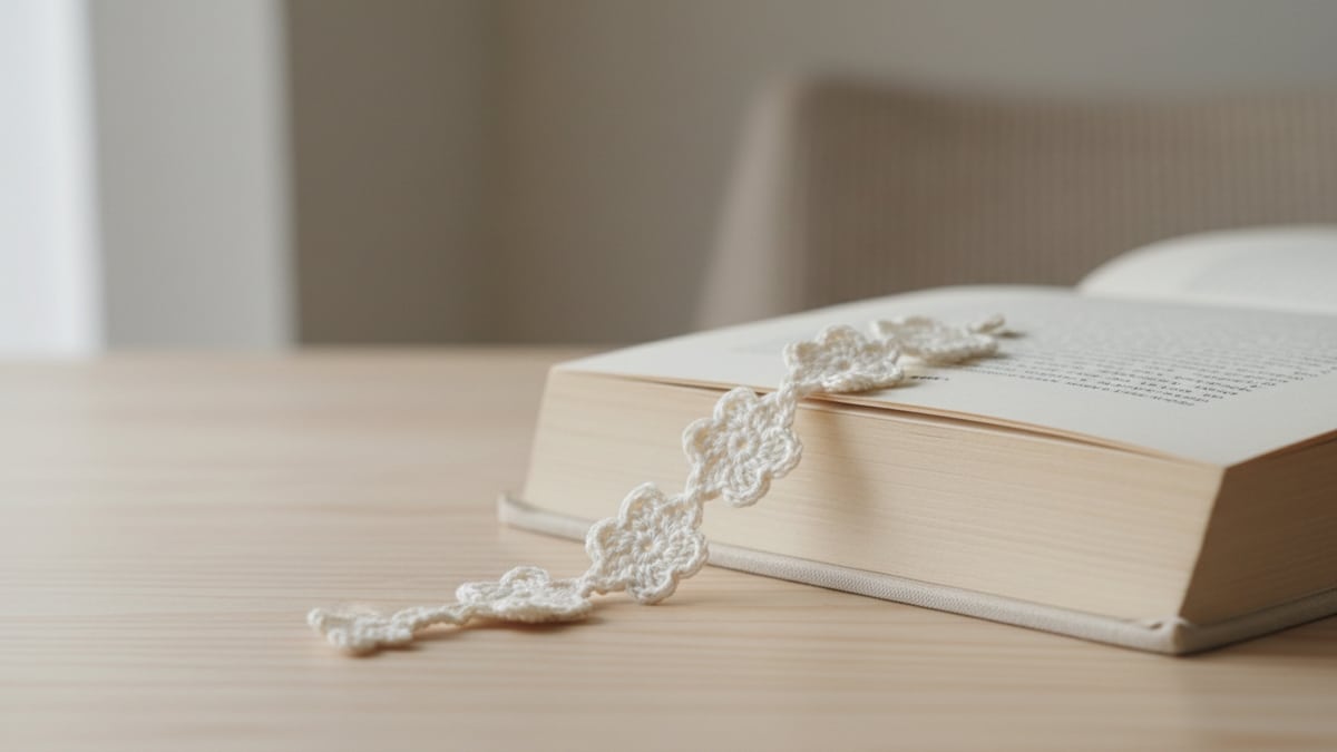 Marca páginas de crochê floral branco entre páginas de livro aberto sobre madeira clara, com flores delicadas em ponto baixo e alto, luz natural e atmosfera poética.