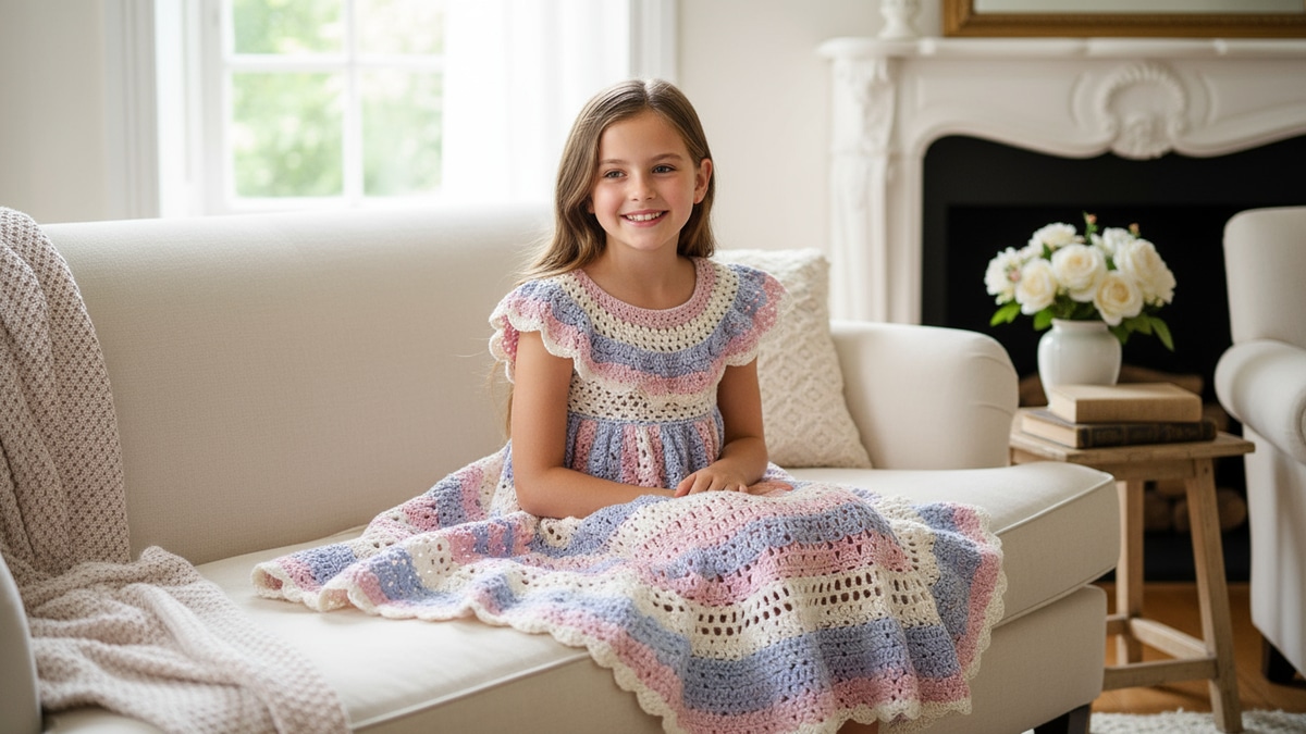 Menina sorridente usando vestido infantil de crochê em fios coloridos com padrão rendado clássico e saia leve, em ambiente caseiro aconchegante com iluminação natural que realça os detalhes delicados e o acabamento refinado da peça artesanal.