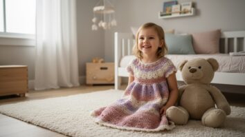 Menina sorridente em quarto infantil iluminado usando vestido de crochê artesanal em tons pastel com ursinho de pelúcia ao lado
