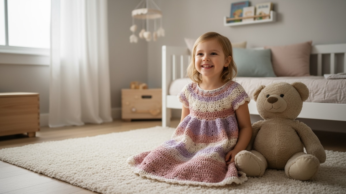 Menina sorridente em quarto infantil iluminado usando vestido de crochê artesanal em tons pastel com ursinho de pelúcia ao lado