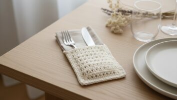 Mesa posta com porta-talheres de crochê off-white contendo guardanapo e talheres sobre mesa de madeira com elementos decorativos