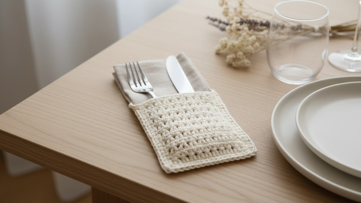 Mesa posta com porta-talheres de crochê off-white contendo guardanapo e talheres sobre mesa de madeira com elementos decorativos