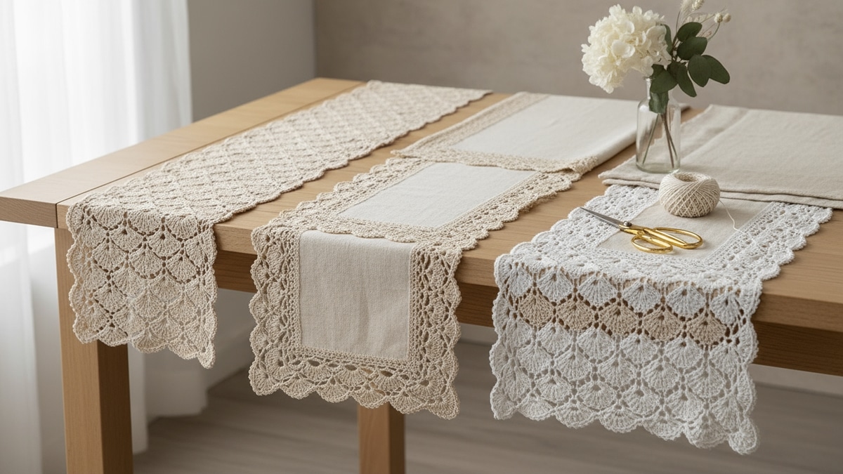 Mesa de artesanato com panos e trilhos finalizados com bicos de crochê delicados em fio branco e cru sob luz natural com elementos decorativos sutis