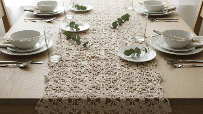 Mesa de jantar elegante com caminho de mesa de crochê em tons neutros, louça branca e decoração minimalista