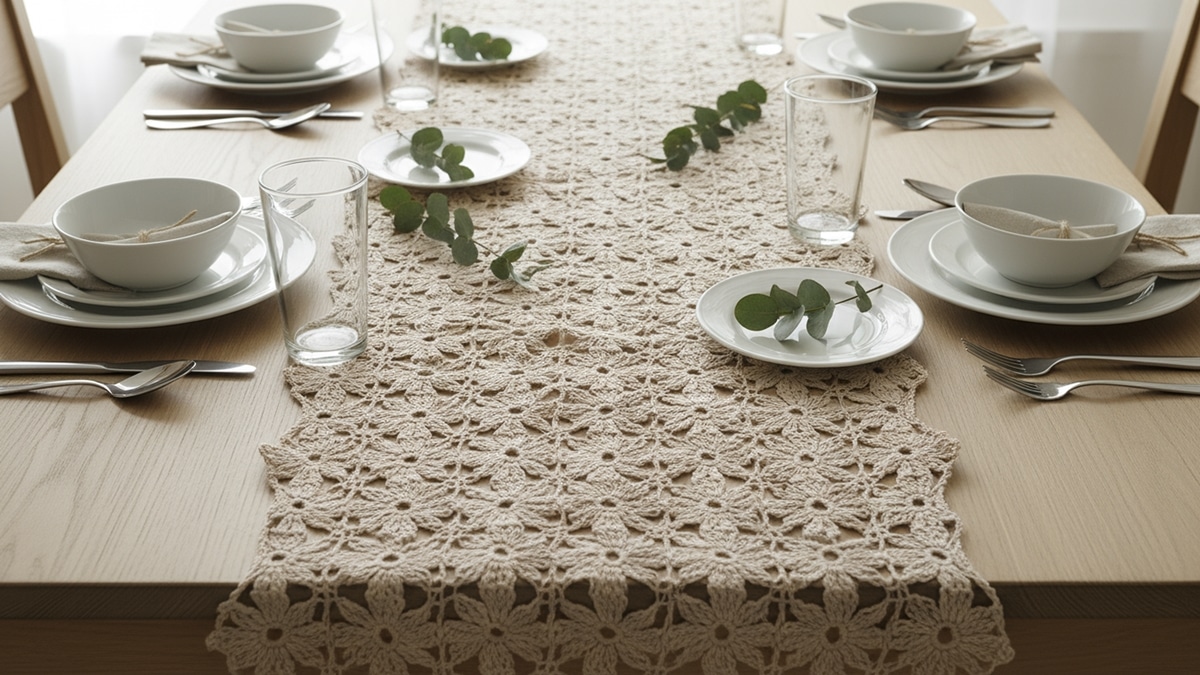 Mesa de jantar elegante com caminho de mesa de crochê em tons neutros, louça branca e decoração minimalista