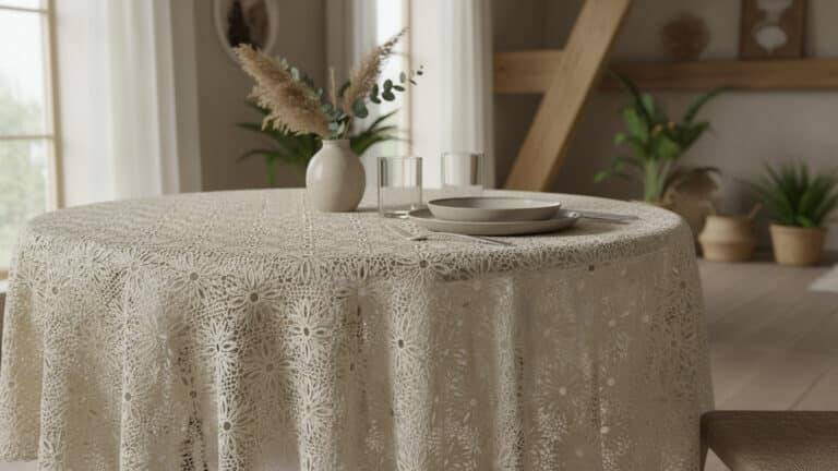 Mesa elegantemente posta com toalha circular de crochê em fio de algodão mercerizado cru cobrindo toda a superfície, com louças neutras e arranjo minimalista, sob iluminação natural que destaca o brilho moderado do fio, o motivo rendado impecável e a textura refinada da peça em ambiente sofisticado.