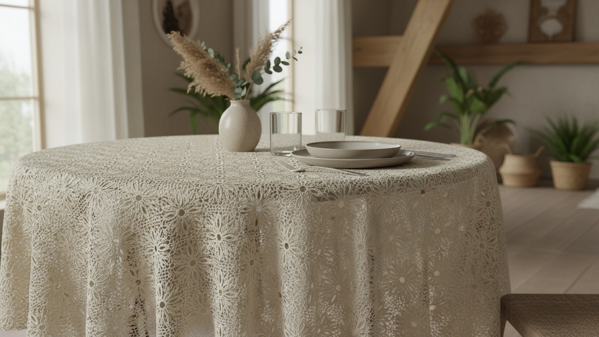 Mesa elegantemente posta com toalha circular de crochê em fio de algodão mercerizado cru cobrindo toda a superfície, com louças neutras e arranjo minimalista, sob iluminação natural que destaca o brilho moderado do fio, o motivo rendado impecável e a textura refinada da peça em ambiente sofisticado.