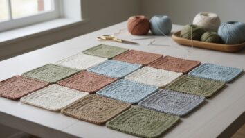 Mesa de madeira clara com squares de crochê coloridos em tons cru, terracota, verde oliva e azul claro sob luz natural difusa