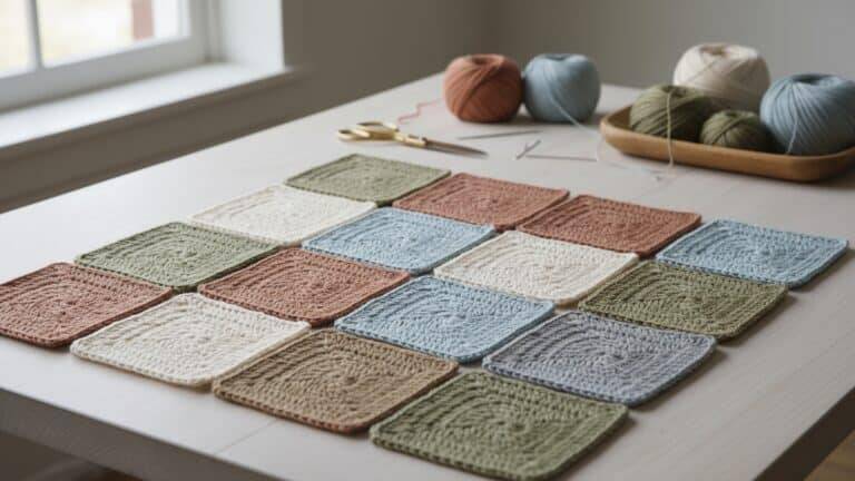 Mesa de madeira clara com squares de crochê coloridos em tons cru, terracota, verde oliva e azul claro sob luz natural difusa