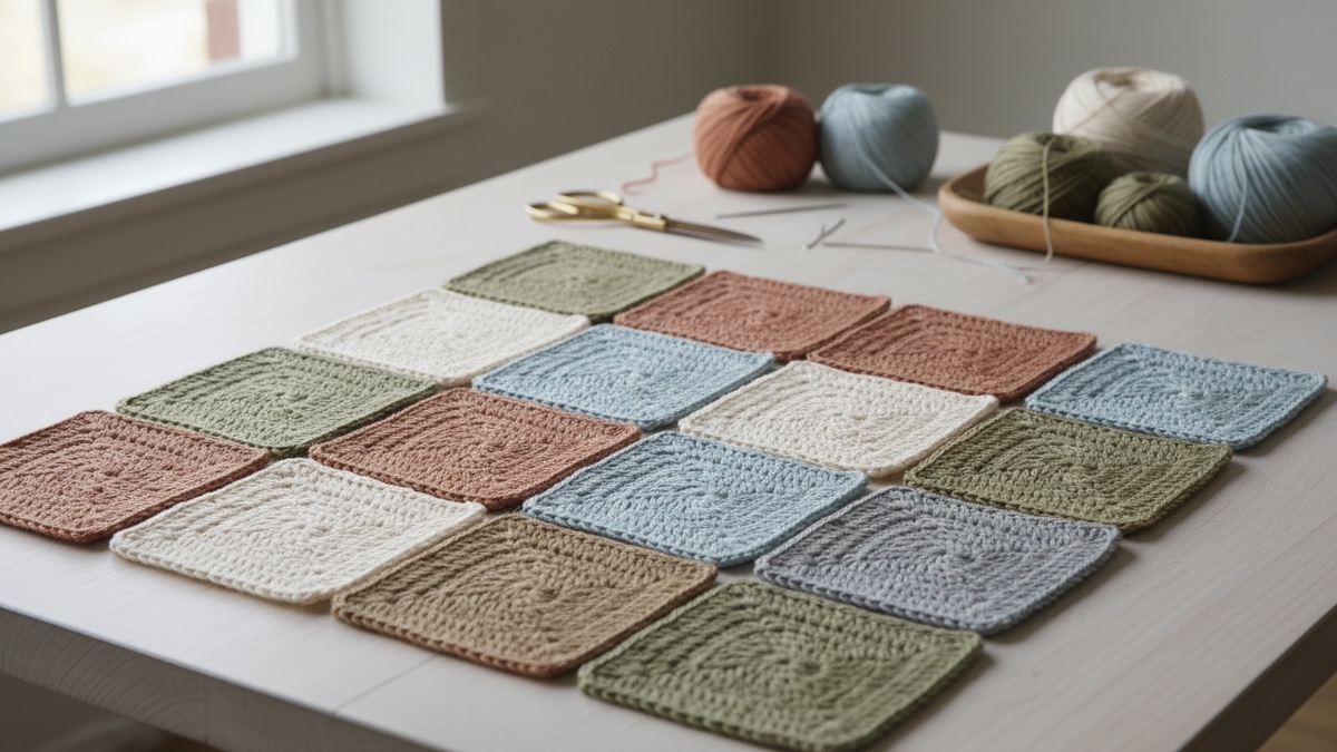Mesa de madeira clara com squares de crochê coloridos em tons cru, terracota, verde oliva e azul claro sob luz natural difusa