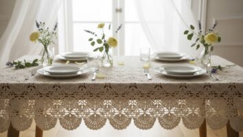 Mesa elegante de madeira clara com toalha de crochê rendada em algodão cru, louça branca e arranjo de flores naturais em tons suaves sob luz natural difusa.