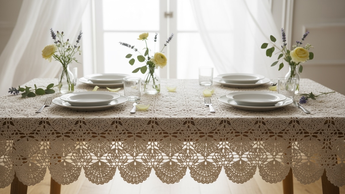 Mesa elegante de madeira clara com toalha de crochê rendada em algodão cru, louça branca e arranjo de flores naturais em tons suaves sob luz natural difusa.