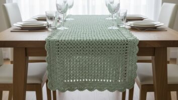 Mesa de jantar em madeira natural com caminho de mesa de crochê artesanal em verde claro sobre louça branca e taças de cristal, iluminada por luz natural difusa destacando a textura e o acabamento refinado da peça.