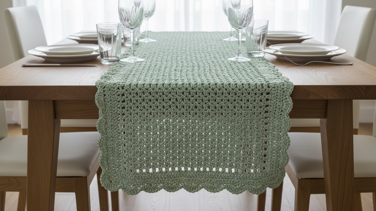 Mesa de jantar em madeira natural com caminho de mesa de crochê artesanal em verde claro sobre louça branca e taças de cristal, iluminada por luz natural difusa destacando a textura e o acabamento refinado da peça.
