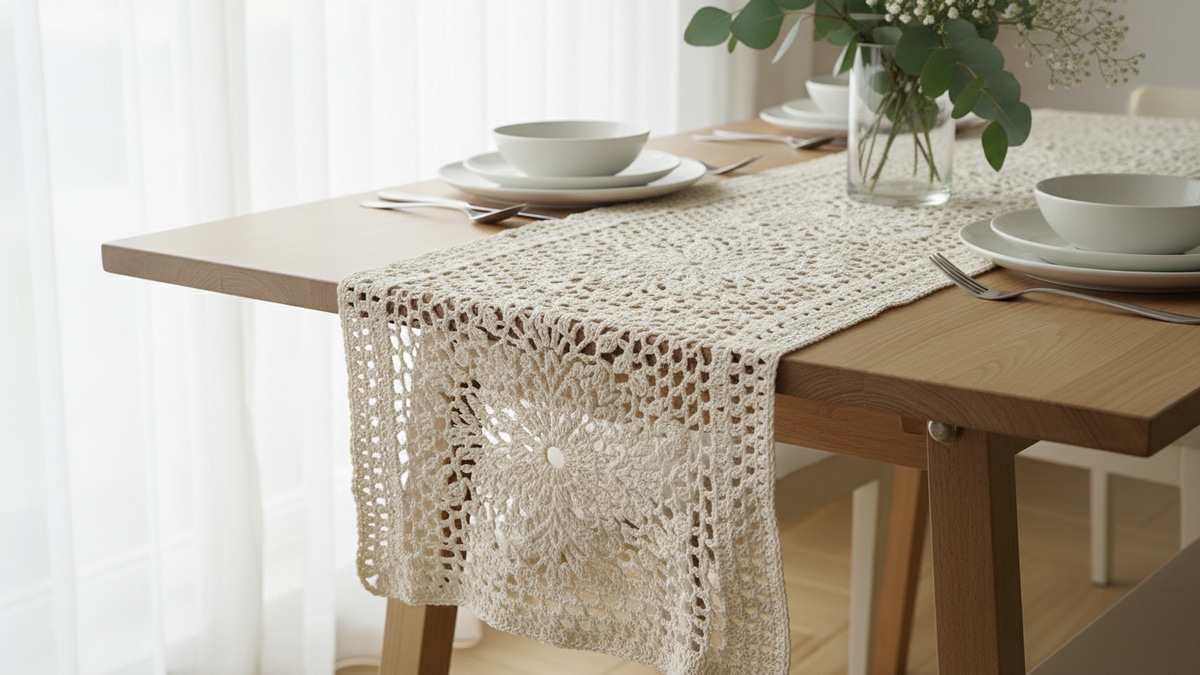 Mesa de jantar com caminho de mesa de crochê off-white entre louça branca e arranjo natural