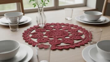 Mesa de jantar com centro de mesa de crochê vermelho entre louça branca e vaso com folhas