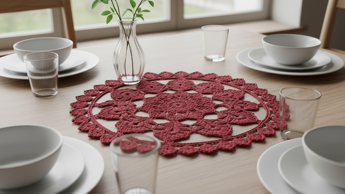 Mesa de jantar com centro de mesa de crochê vermelho entre louça branca e vaso com folhas