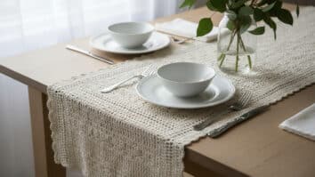 Mesa de jantar com trilho de crochê off-white entre louça branca e vaso com folhas