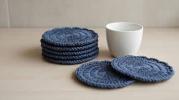 Mesa organizada com porta-copos de crochê azul escuro em algodão ao lado de xícara branca sob luz natural difusa