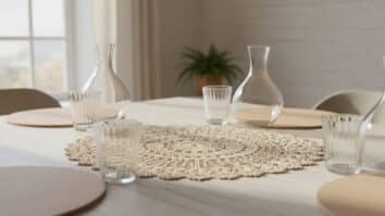 Mesa posta contemporânea com centro de mesa de crochê artesanal em bege claro sobre madeira clara com elementos de vidro translúcido em ambiente iluminado por luz natural