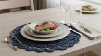 Mesa posta elegante com sousplat de crochê artesanal azul escuro sob louça neutra em mesa de madeira clara com iluminação natural difusa