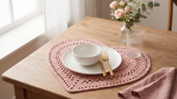 Mesa posta com sousplat em formato de coração em crochê rosa suave, louça branca minimalista, talheres dourados e arranjo floral discreto em ambiente de madeira clara com luz natural.