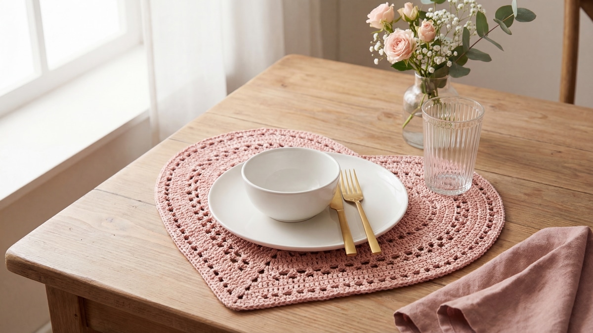 Mesa posta com sousplat em formato de coração em crochê rosa suave, louça branca minimalista, talheres dourados e arranjo floral discreto em ambiente de madeira clara com luz natural.