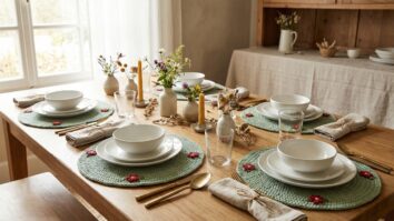 Mesa elegante com sousplats de crochê verde e flores, louça neutra, sem recortes