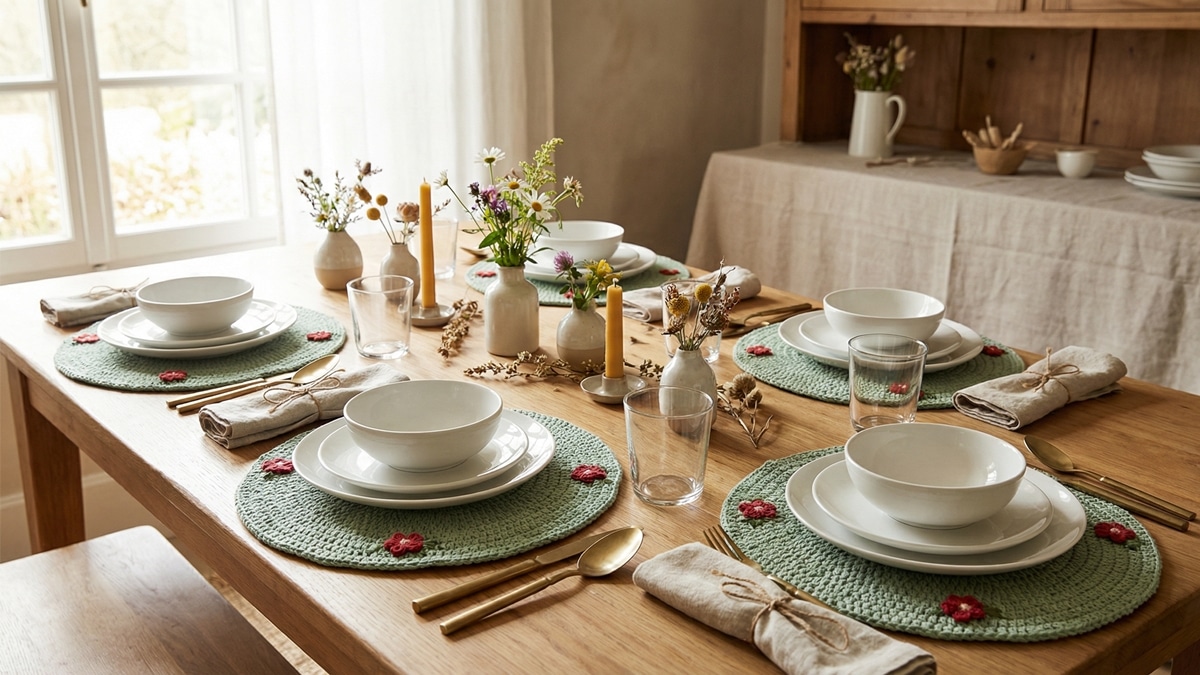 Mesa elegante com sousplats de crochê verde e flores, louça neutra, sem recortes