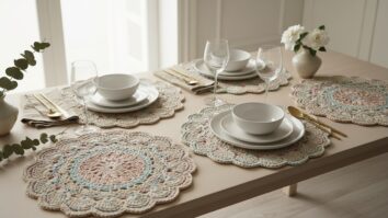 Mesa posta elegante com sousplats de crochê artesanais em tons neutros sob louças claras e taças de vidro translúcido