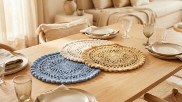 Mesa posta elegante com sousplats de crochê artesanal em azul, branco e dourado, cada peça exibindo as três cores, dispostos sobre madeira clara com louça neutra em ambiente acolhedor.