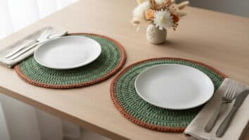 Mesa posta aconchegante com sousplats de crochê verde com borda terracota sob pratos brancos, guardanapos neutros e talheres minimalistas em mesa de madeira clara com arranjo discreto de folhagens