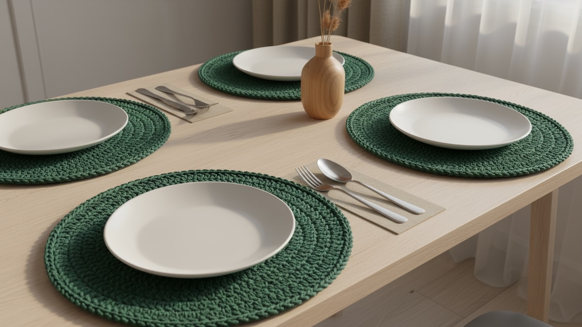 Mesa posta elegante com sousplats de crochê artesanais em fio de algodão verde sob pratos brancos e talheres simples de aço escovado em ambiente de decoração contemporânea com luz suave de fim de tarde