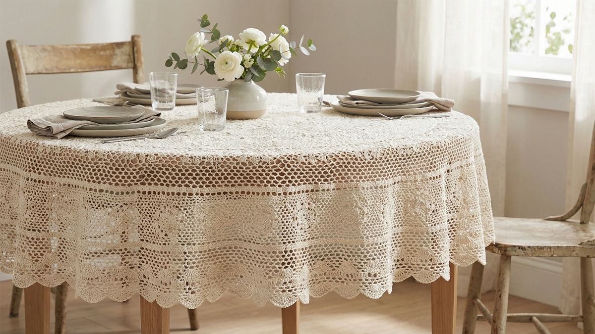 Mesa redonda com toalha de crochê redonda em algodão cru, louça neutra e flores