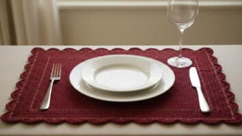 Mesa elegante com sousplat de crochê vinho com detalhes dourados emoldurando prato branco e talheres prateados sob luz natural
