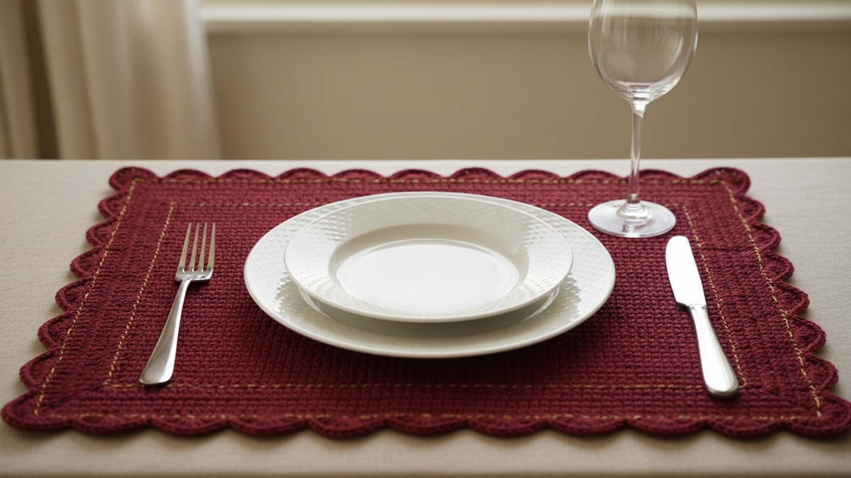 Mesa elegante com sousplat de crochê vinho com detalhes dourados emoldurando prato branco e talheres prateados sob luz natural