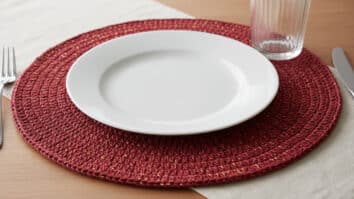 Mesa elegante com sousplat redondo de crochê vinho com detalhes dourados emoldurando prato branco sob luz natural difusa