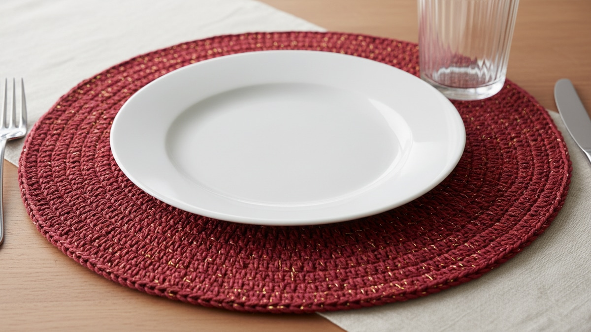 Mesa elegante com sousplat redondo de crochê vinho com detalhes dourados emoldurando prato branco sob luz natural difusa