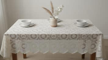 Mesa de jantar com toalha de crochê cru em algodão mercerizado sobre mesa de madeira clara com louça branca e vaso neutro