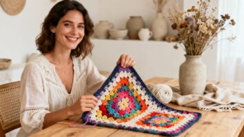 Mulher sorrindo segurando quadradinhos de crochê coloridos em algodão reciclado sobre mesa de madeira em ambiente boho