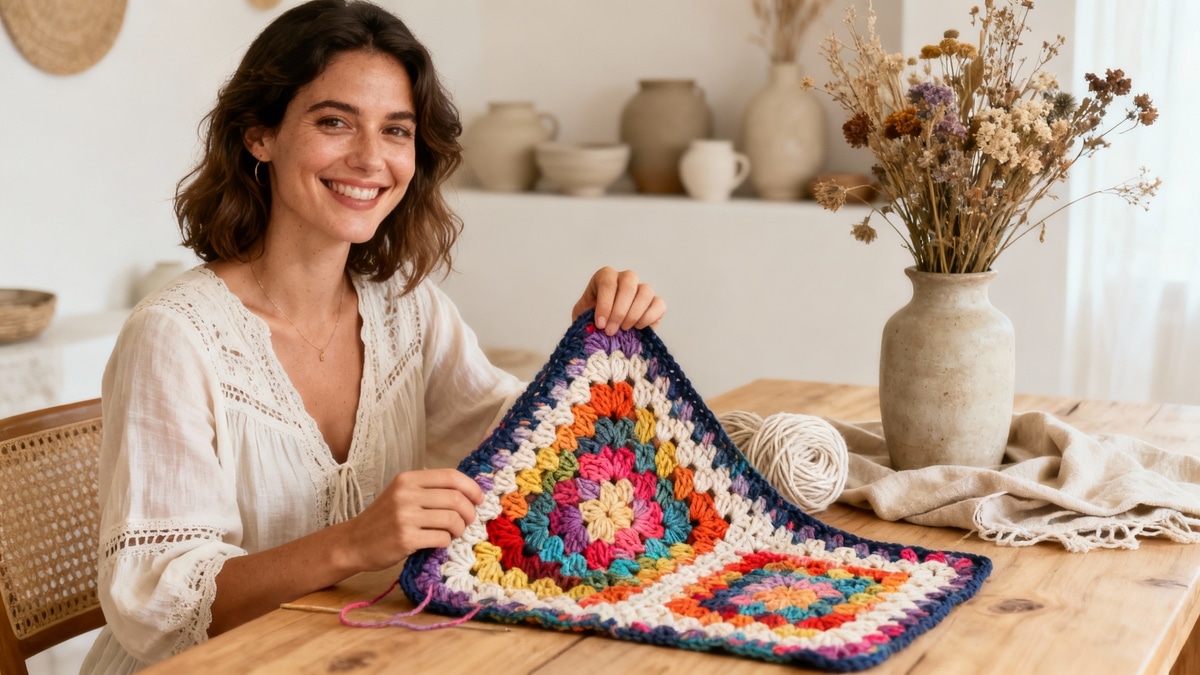 Mulher sorrindo segurando quadradinhos de crochê coloridos em algodão reciclado sobre mesa de madeira em ambiente boho
