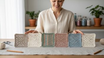Mulher sorridente exibindo amostras quadradas de pontos de crochê coloridos sobre tecido de linho em bancada iluminada por luz natural