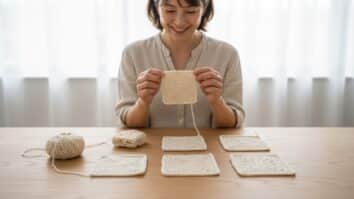 Mulher sorrindo segurando uma amostra de crochê em fio de algodão cru em ateliê artesanal iluminado, com outras amostras de diferentes pontos básicos organizadas sobre mesa de madeira clara